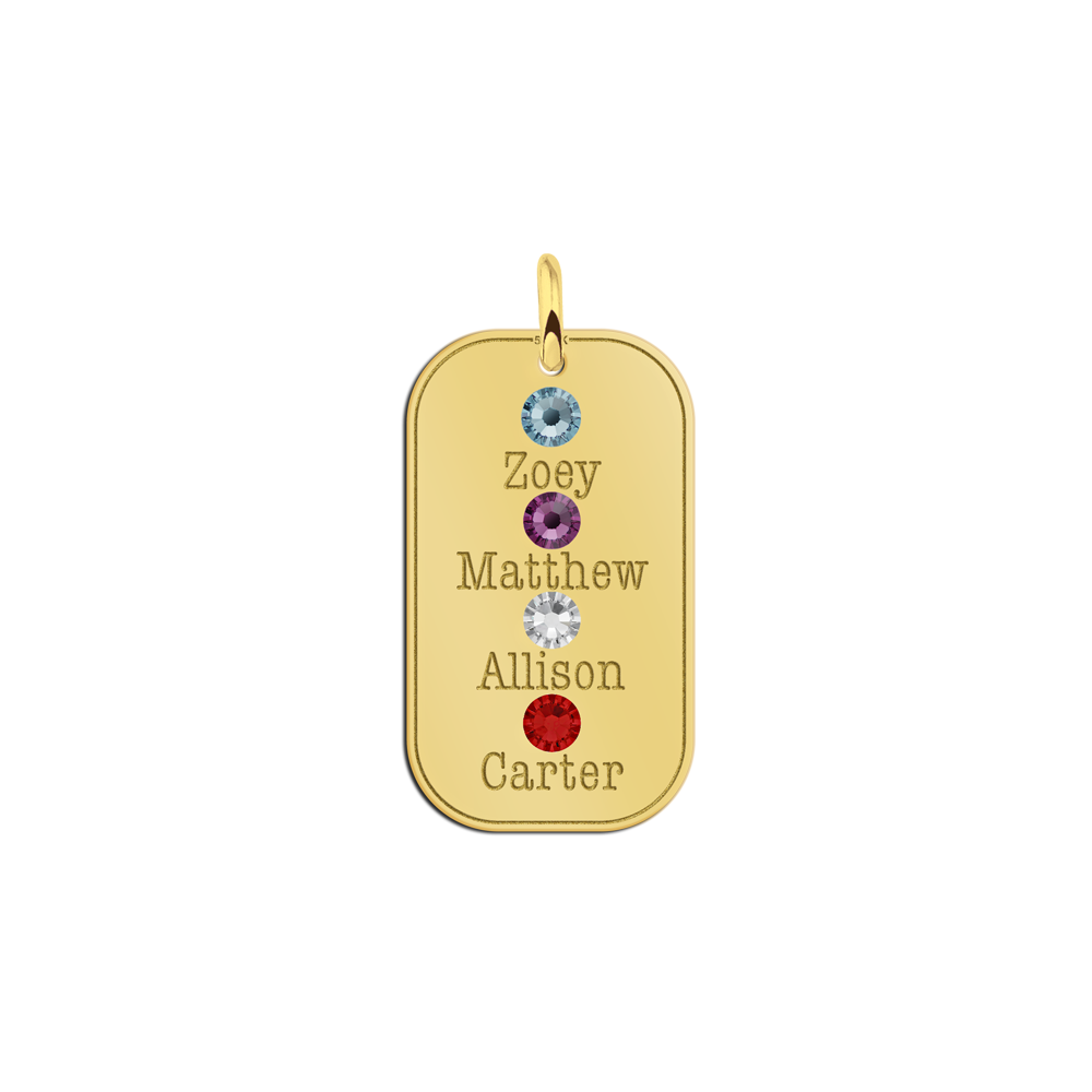 Gouden hanger met vier namen en geboortestenen van zirkonia