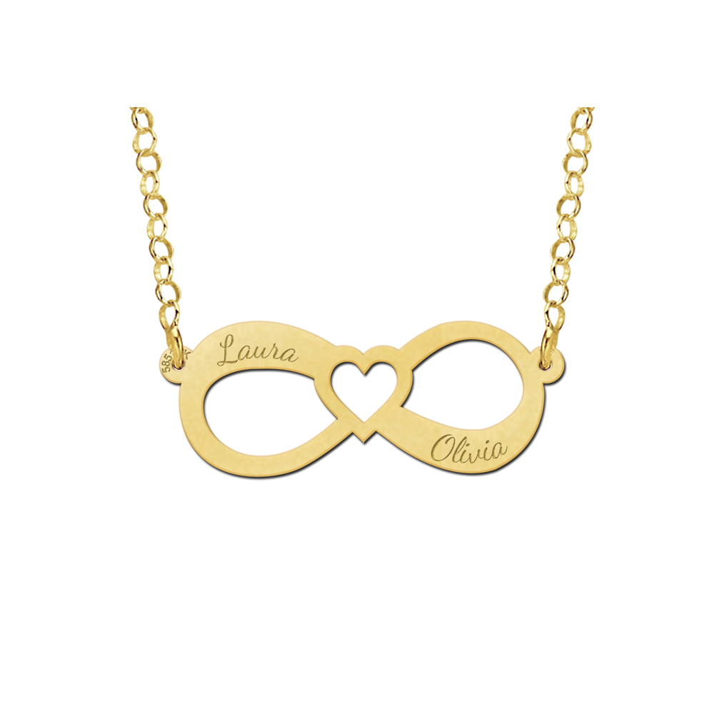 Gouden hanger infinity twee namen en hart