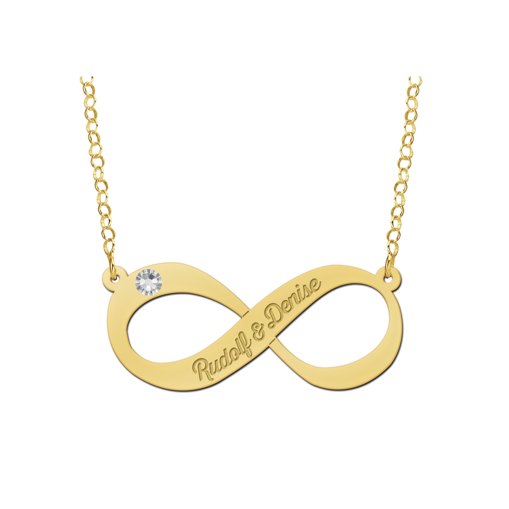 Gouden infinity ketting met zirkonia en twee namen gegraveerd
