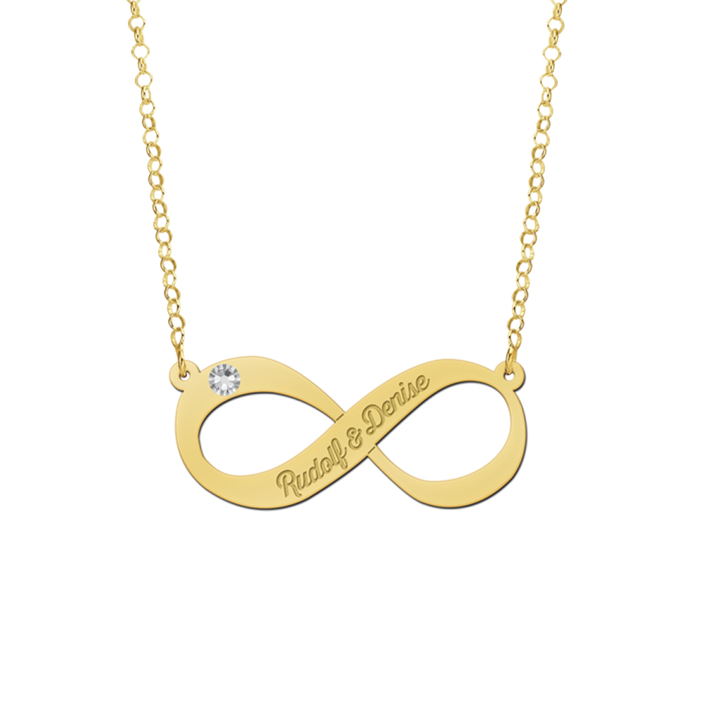 Gouden infinity ketting met zirkonia en twee namen gegraveerd