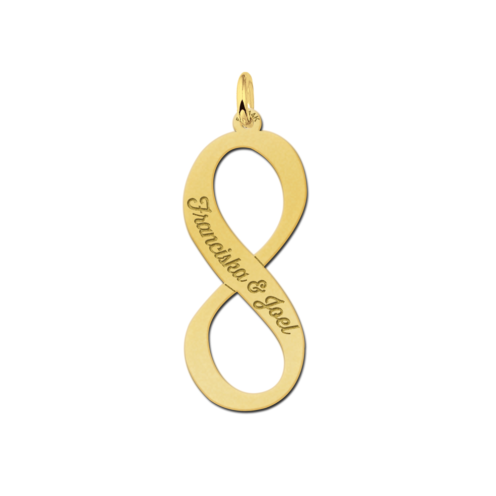 Gouden verticale infinity hanger met twee namen gegraveerd