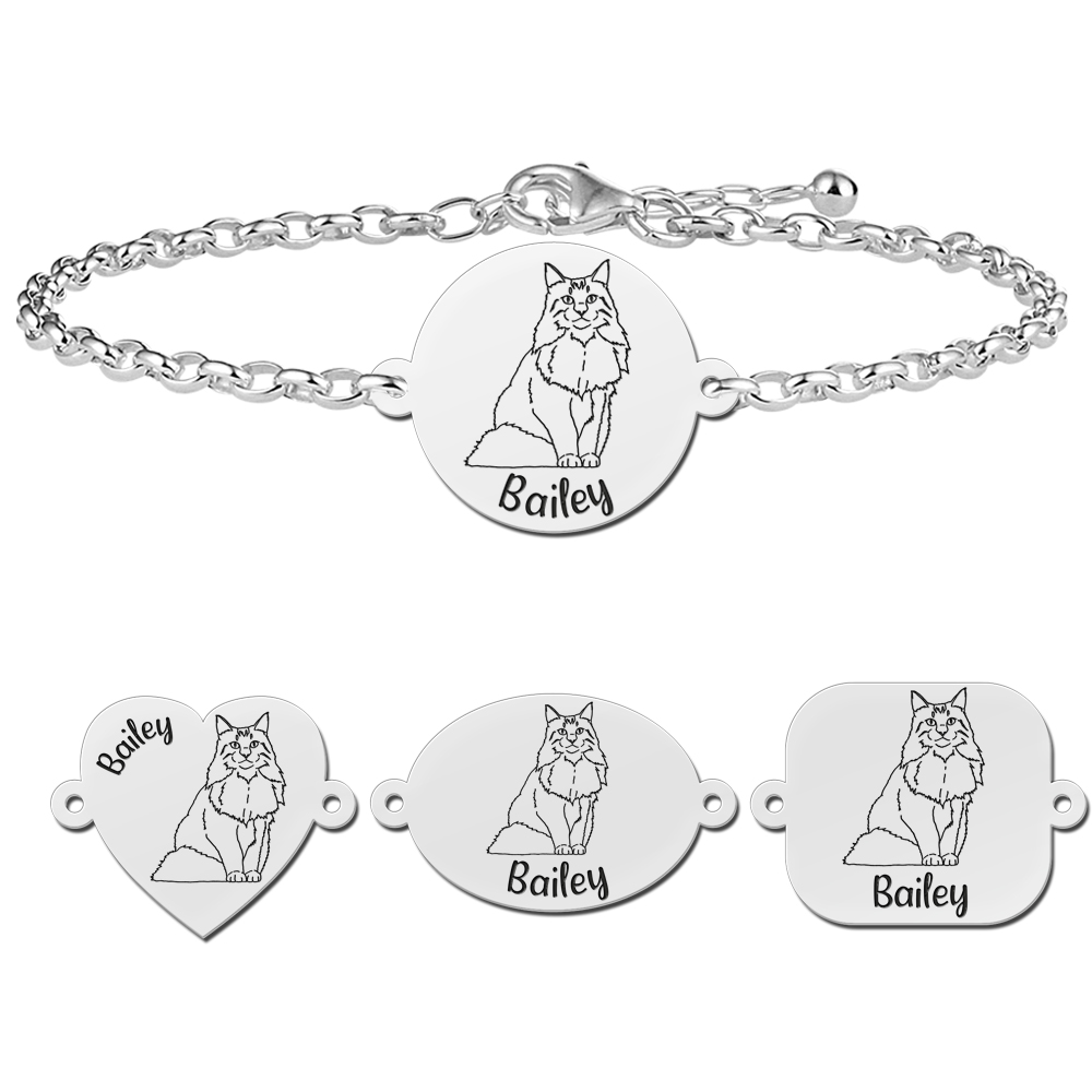 Personaliseerd armband kat Noorse boskat zilver