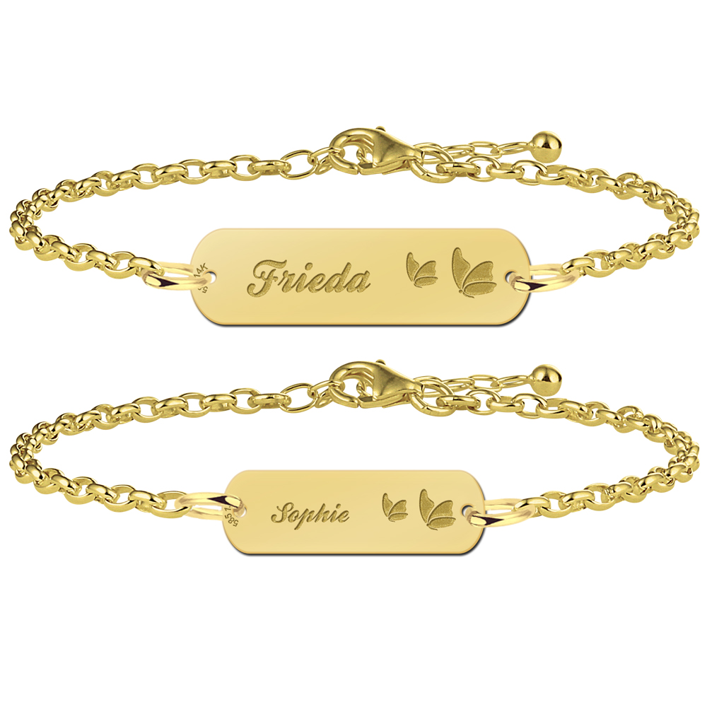 Gouden moeder-dochter-armband bar met naam en vlinders