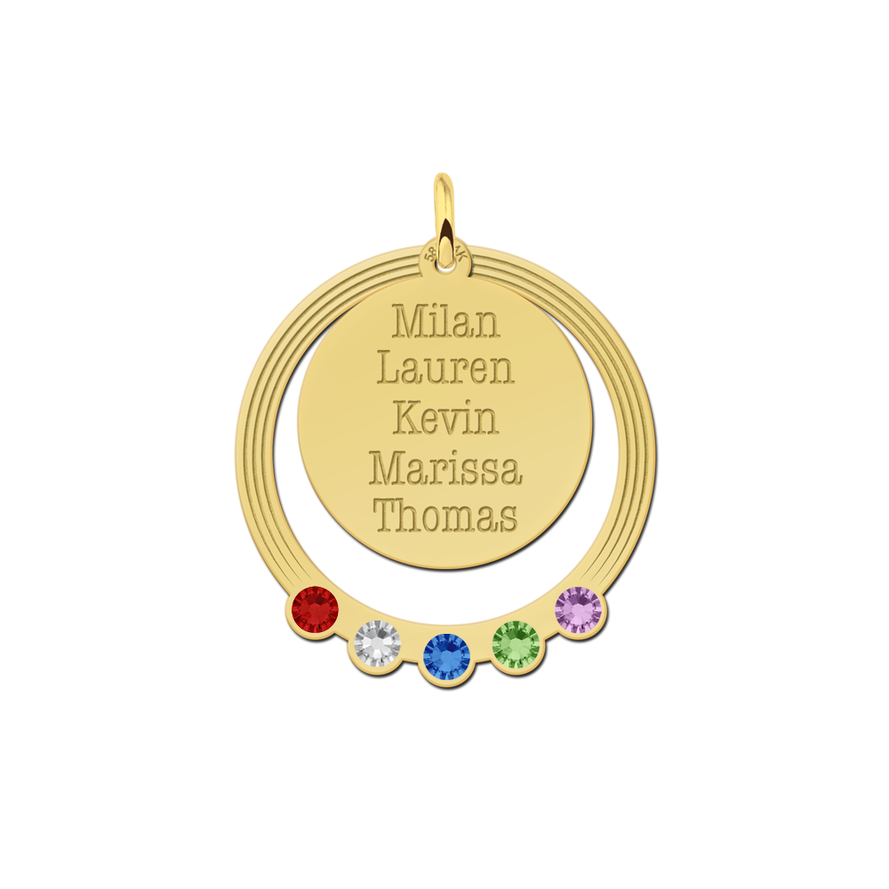 Gouden ronde familie hanger met namen en geboortestenen