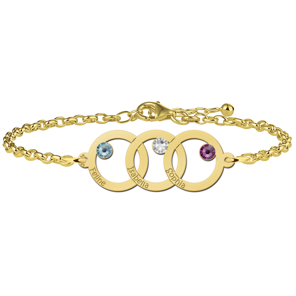 Gouden moeder-dochter-armband met drie rondjes en geboortestenen