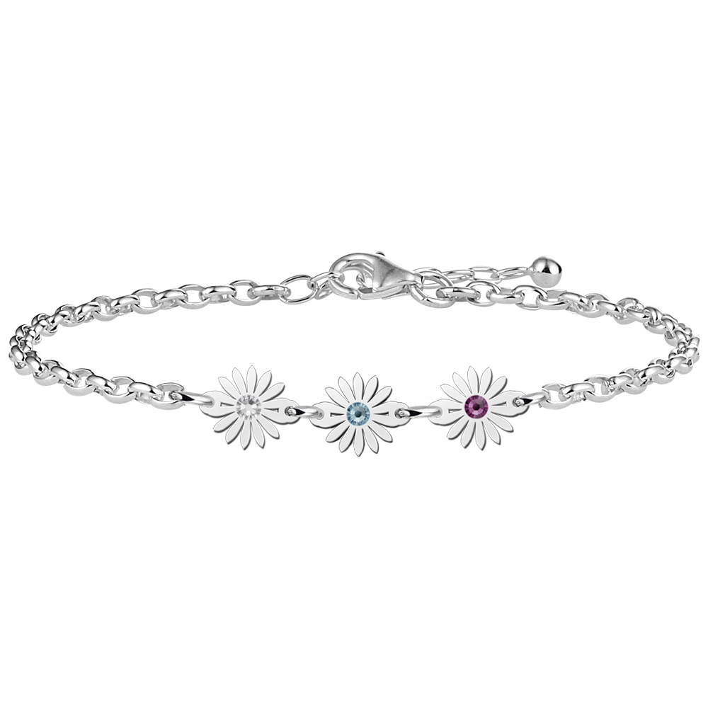 Zilveren armband drie madeliefjes geboortestenen