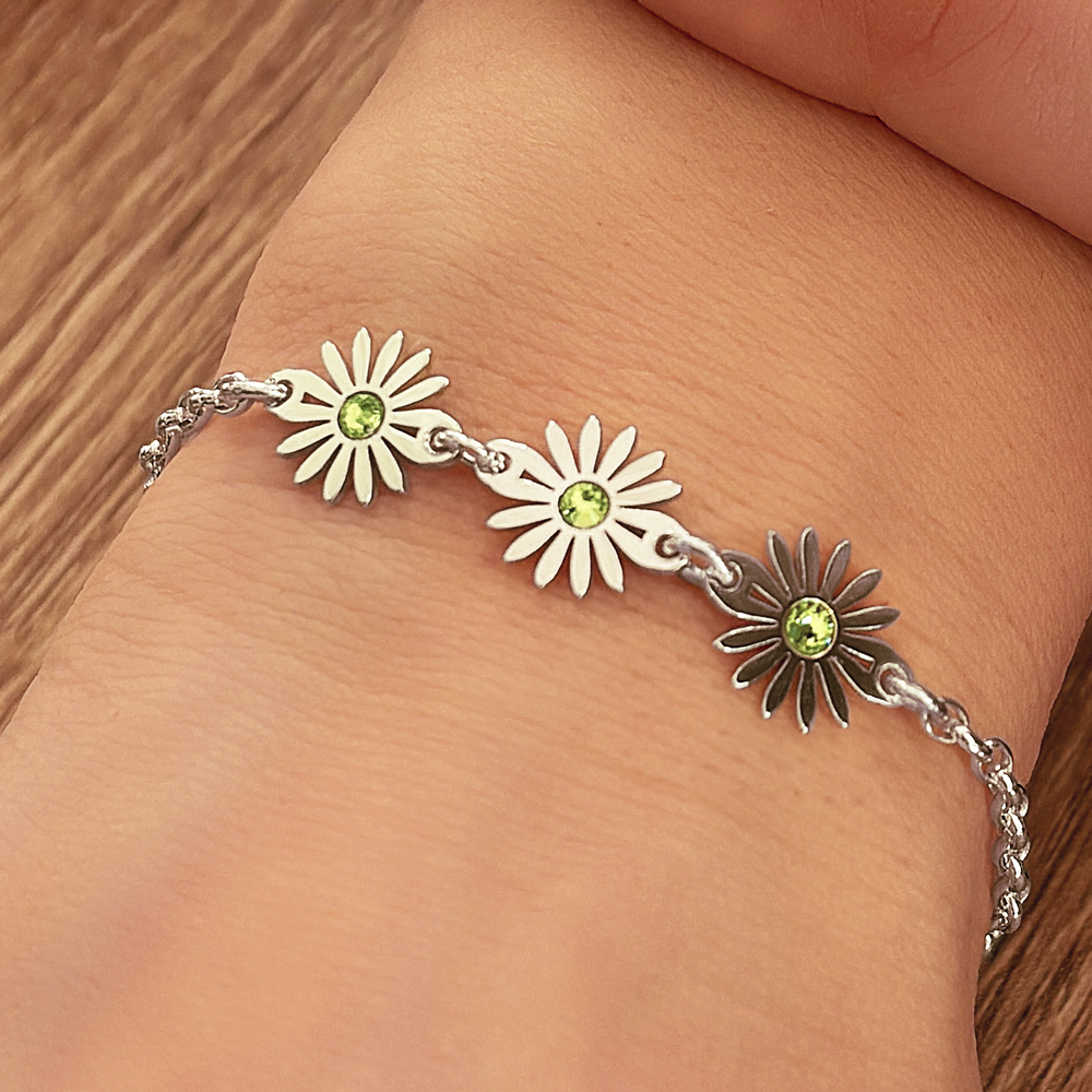 Zilveren armband drie madeliefjes geboortestenen