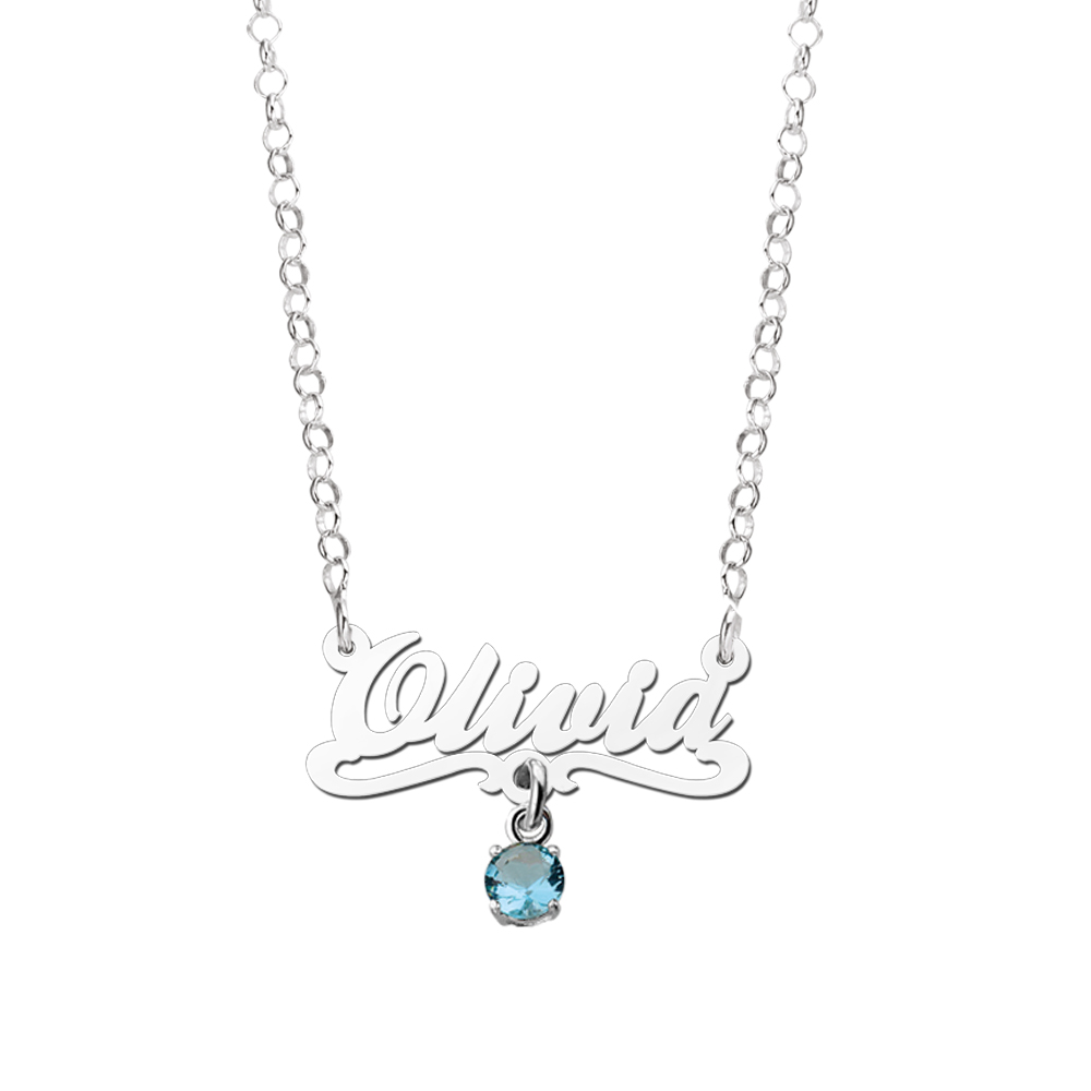 Zilveren kinder naamketting model Olivia blauw Zilveren kinder naamketting model Olivia blauw