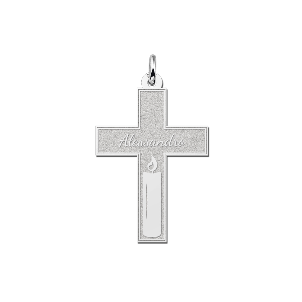 Zilveren communie kruis met gravure en kaars