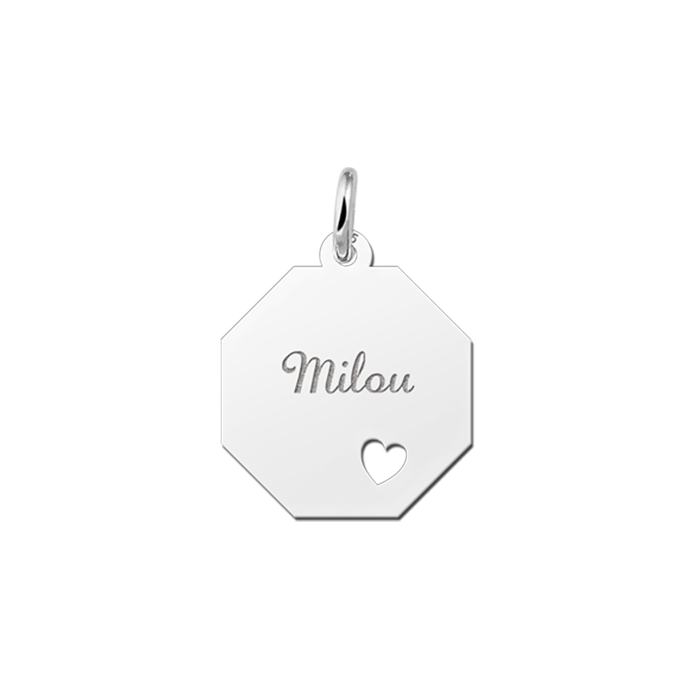 Octagoon zilveren hanger met naam en uitgesneden hartje