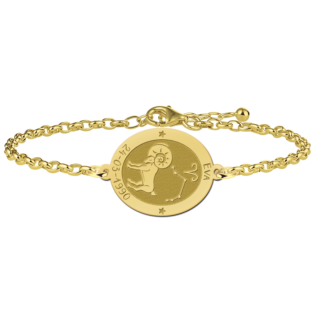 Vergulde ovale sterrenbeeld armband Ram met naam en datum