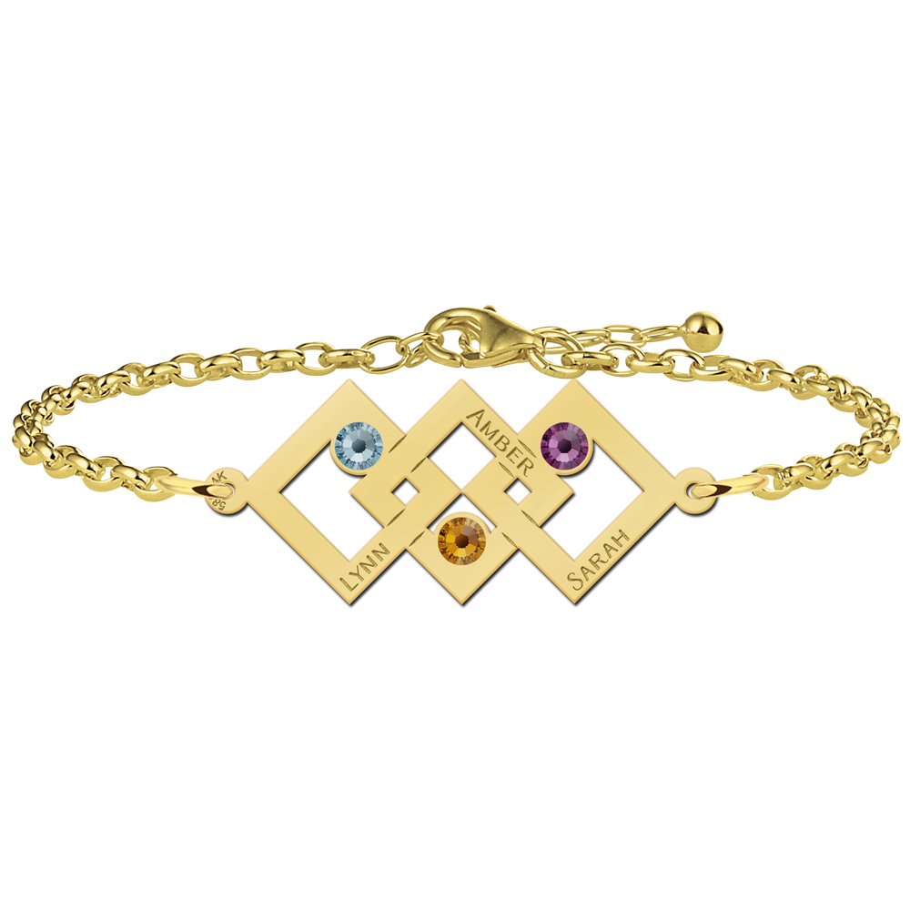 Gouden moeder-dochter-armband met drie rechthoeken en geboortestenen