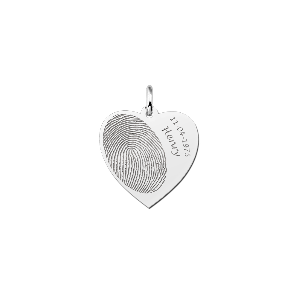 Zilveren hart sieraad met vingerafdruk en naam en datum
