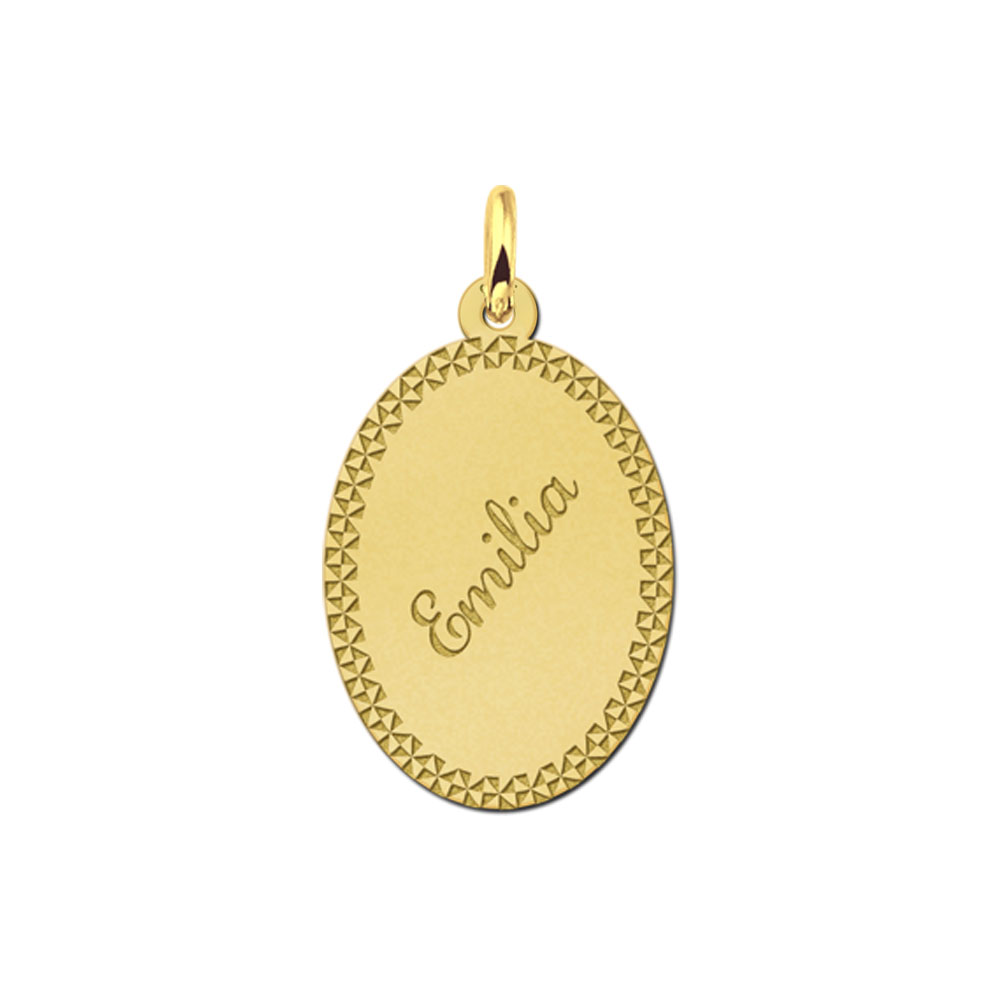 Vergulde ovale hanger met sierrand en naam