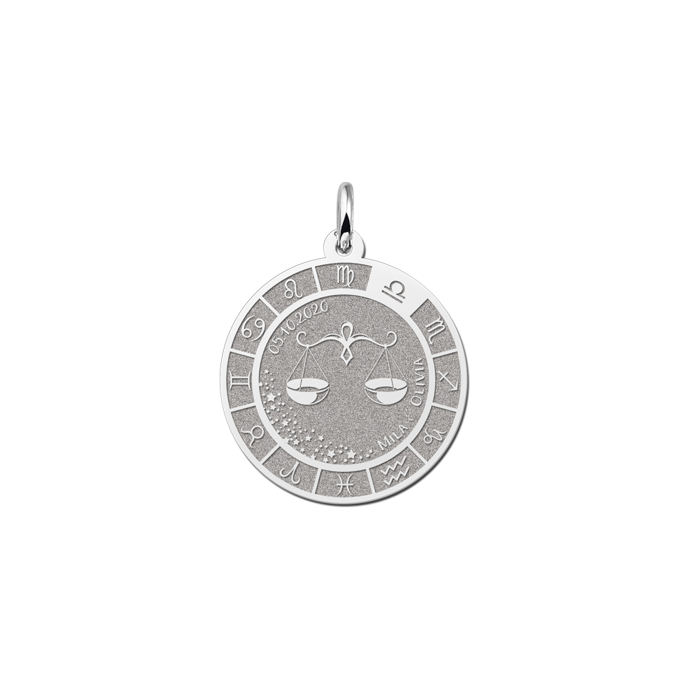 Zilveren Ronde Hanger Sterrenbeeld Weegschaal met Gravure