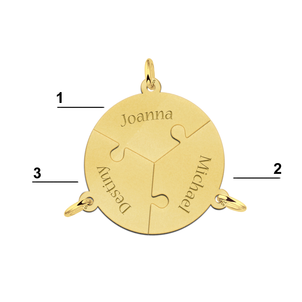 Vergulde 3-delige ronde puzzel breekhanger met namen