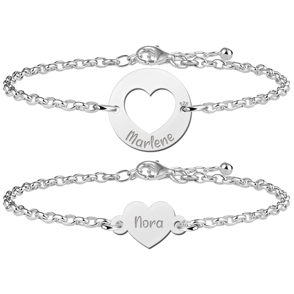 Zilveren hartjes armband set met namen
