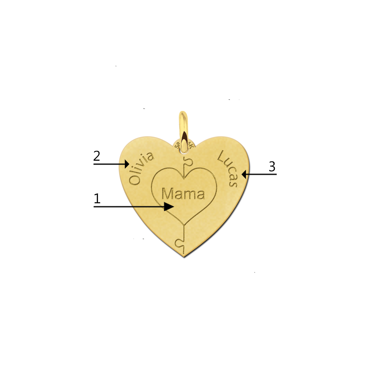 14 karaat gouden hart hanger puzzel – met 3-6 namen