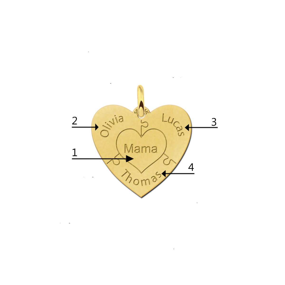14 karaat gouden hart hanger puzzel – met 3-6 namen