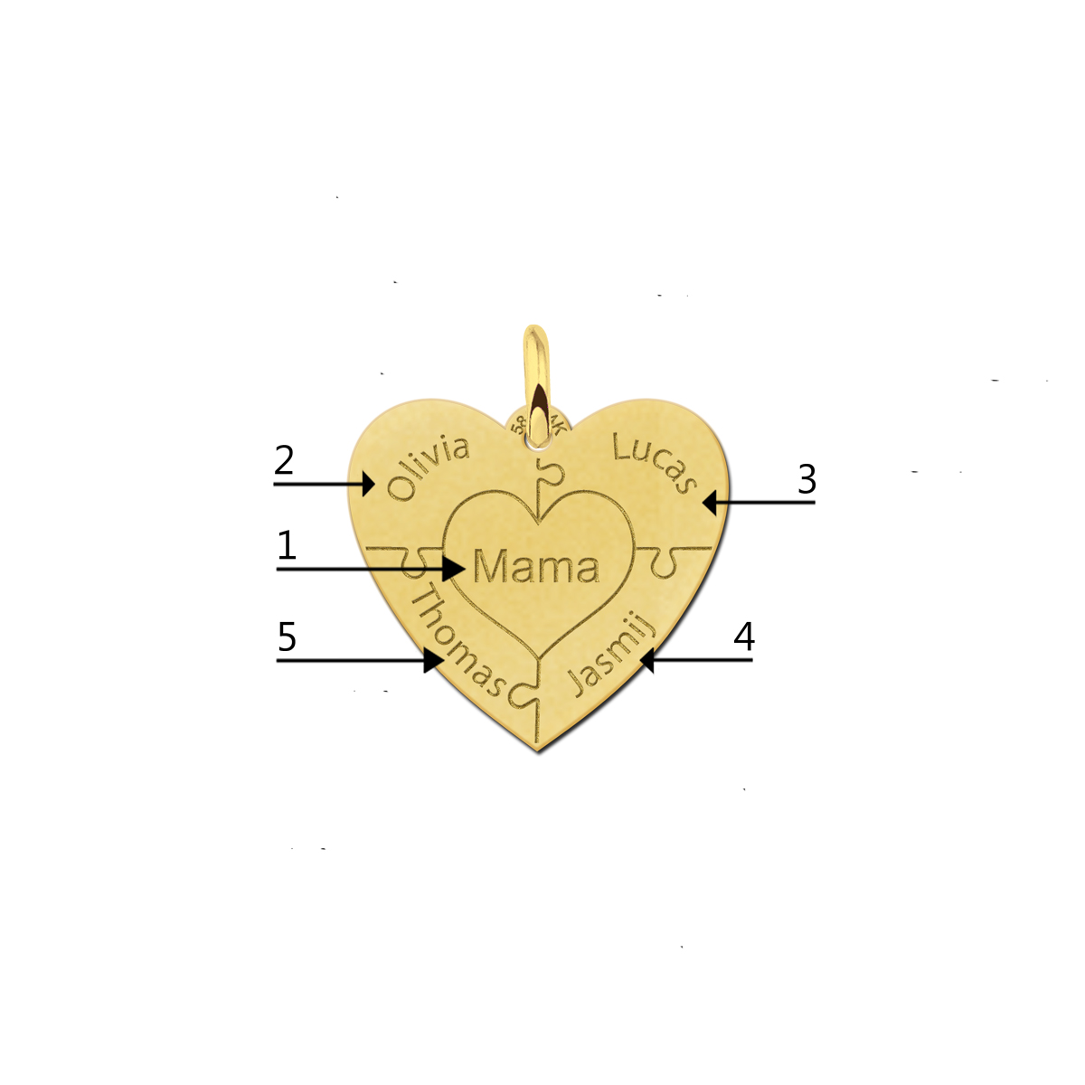 14 karaat gouden hart hanger puzzel – met 3-6 namen