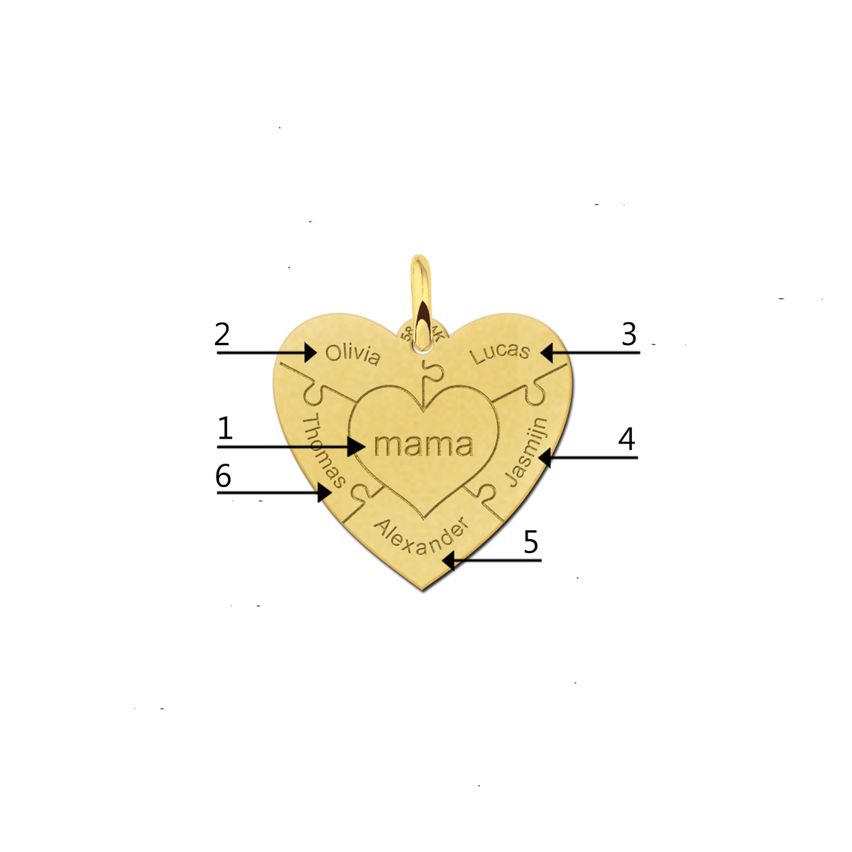 14 karaat gouden hart hanger puzzel – met 3-6 namen