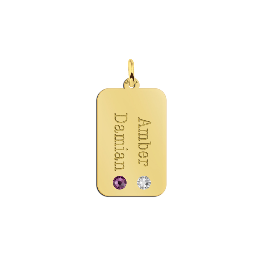 Gouden rechthoekige hanger met twee namen en geboortestenen