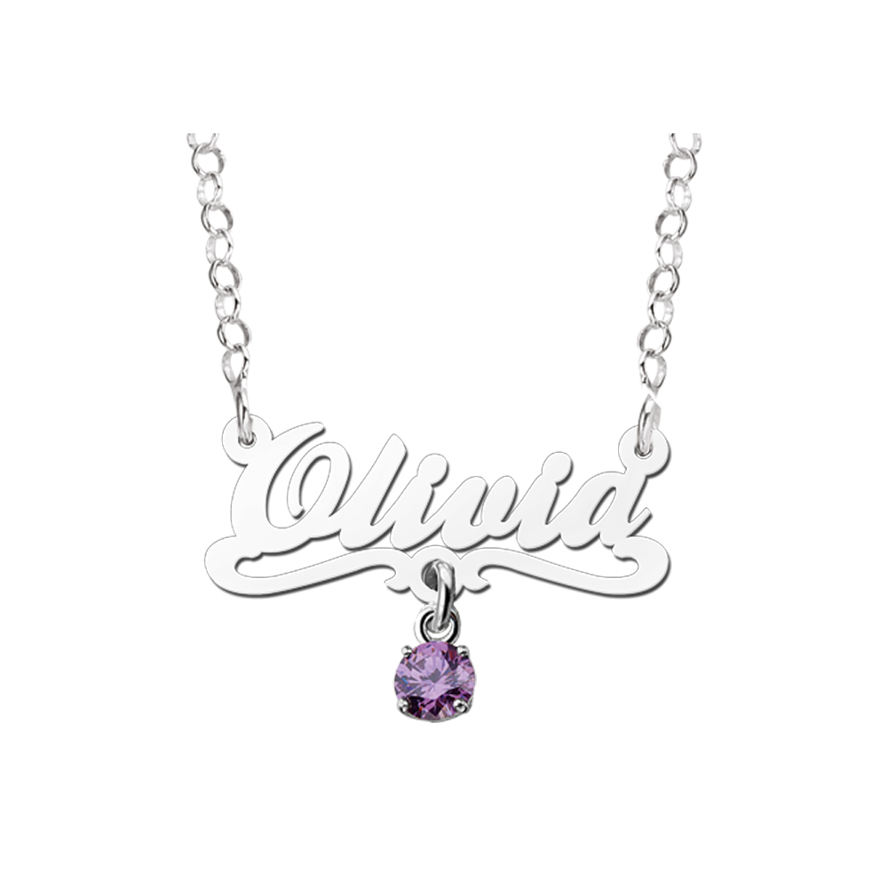 Zilveren kinder naamketting model Olivia paars Zilveren kinder naamketting model Olivia paars