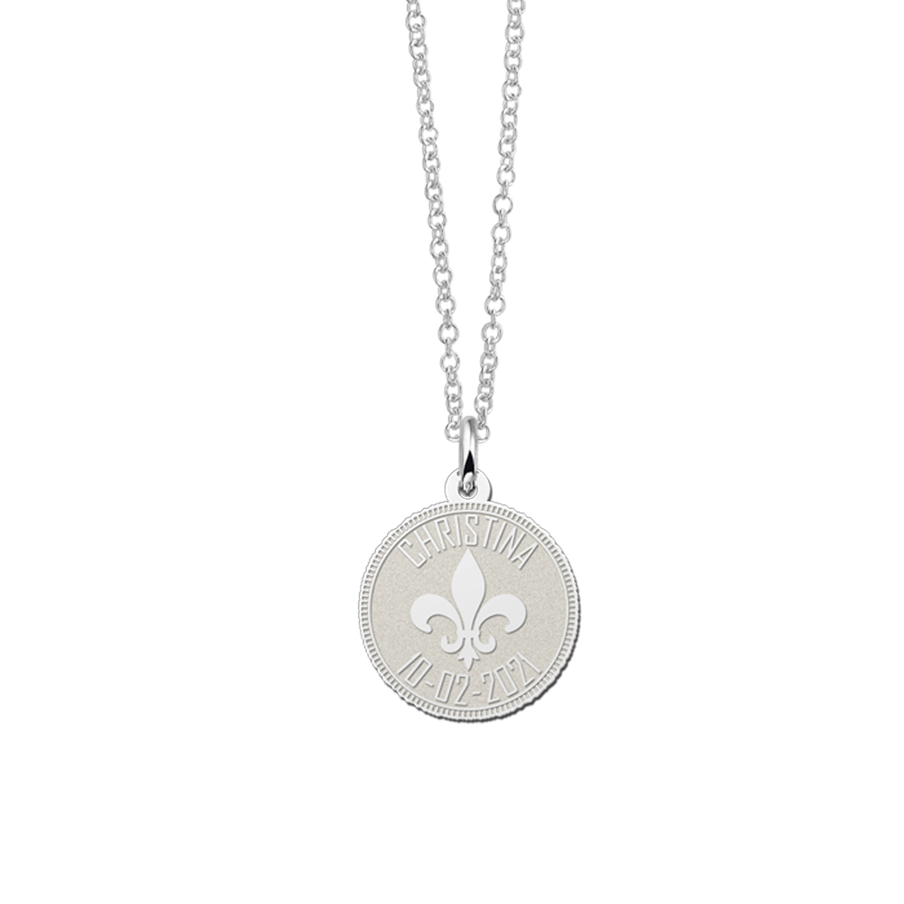 Zilveren munt ketting met fleur de lille en gravure