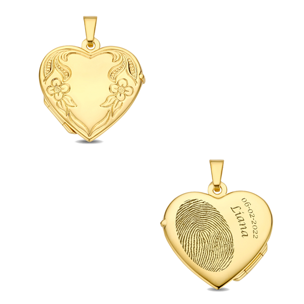 Gouden Medaillon hart met bloemen en gravure
