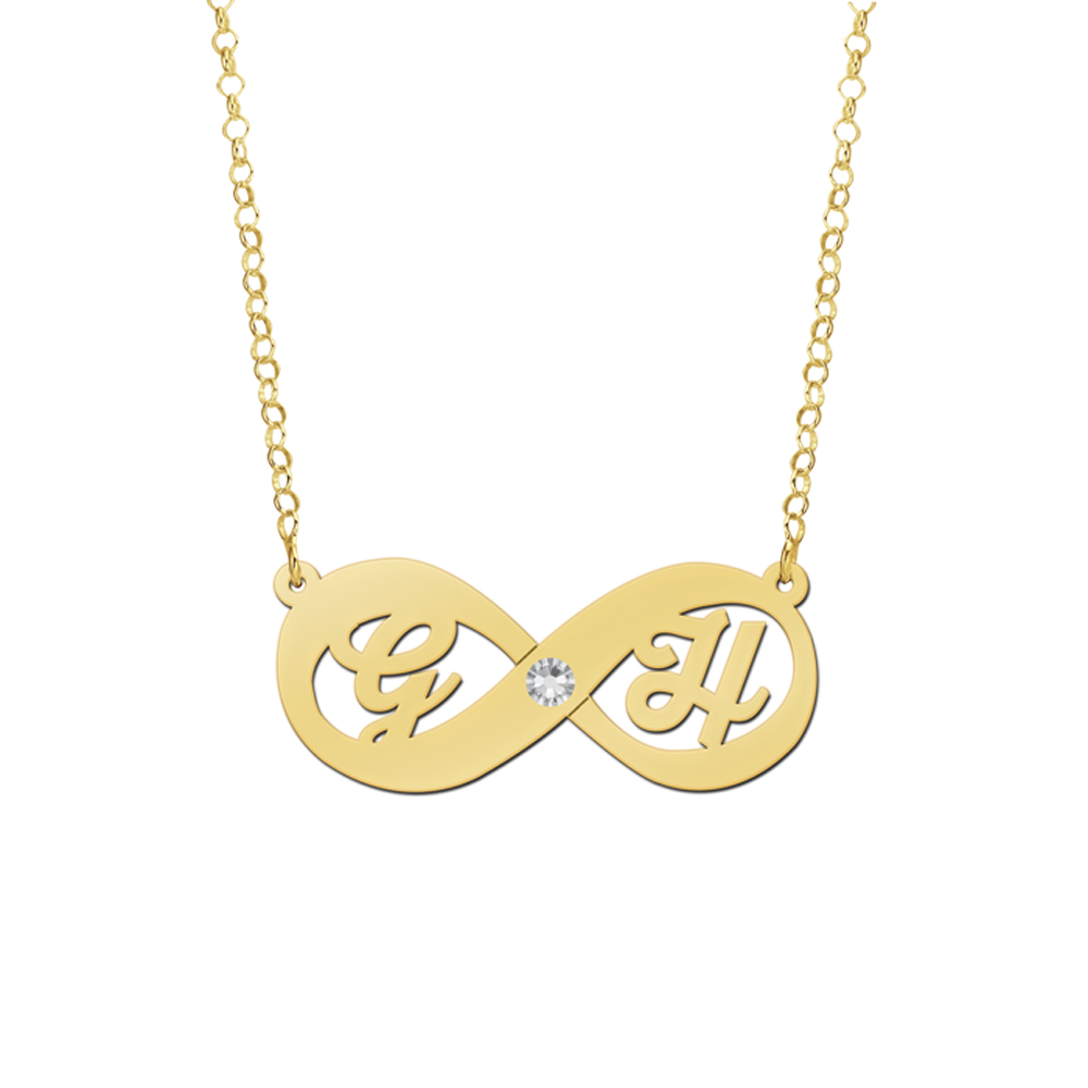 Gouden infinity ketting met zirkonia en initialen