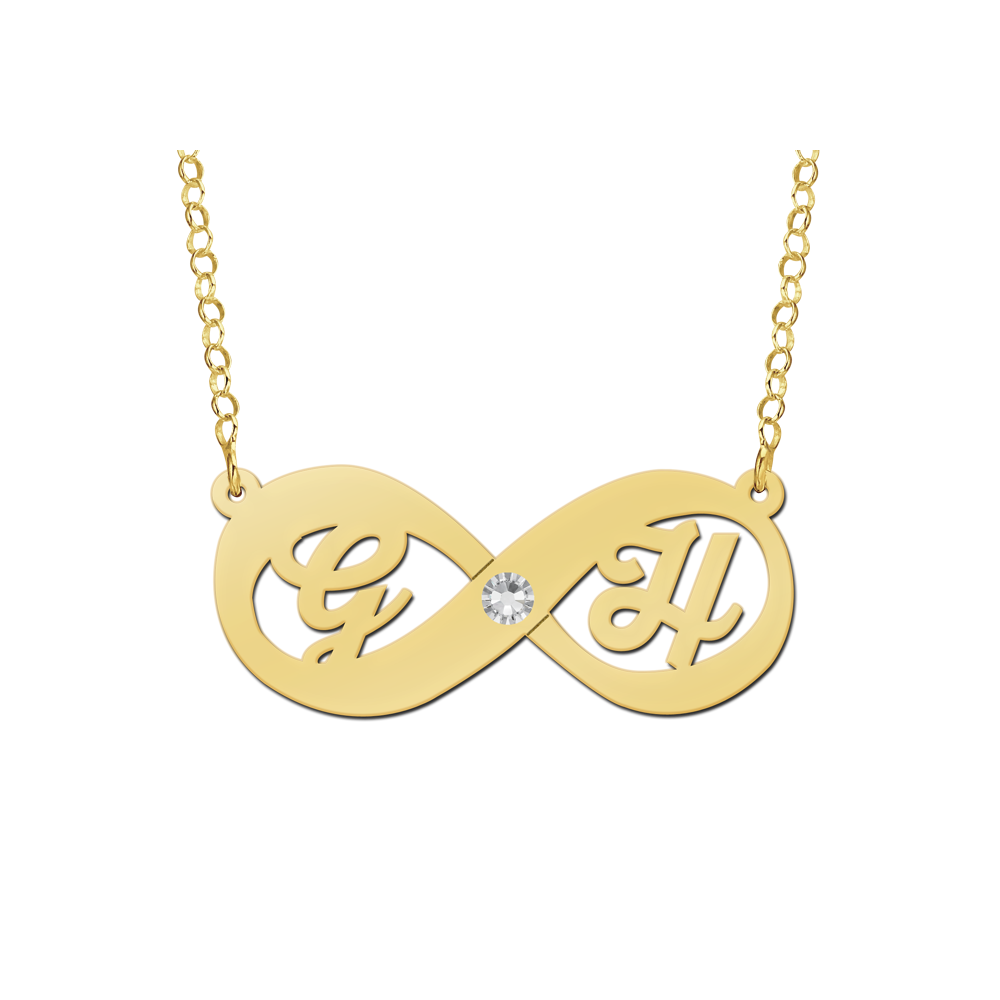 Gouden infinity ketting met zirkonia en initialen