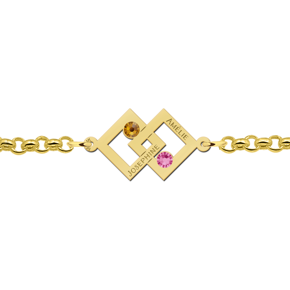 Moeder-dochter-armband goud twee rechthoeken en geboortestenen