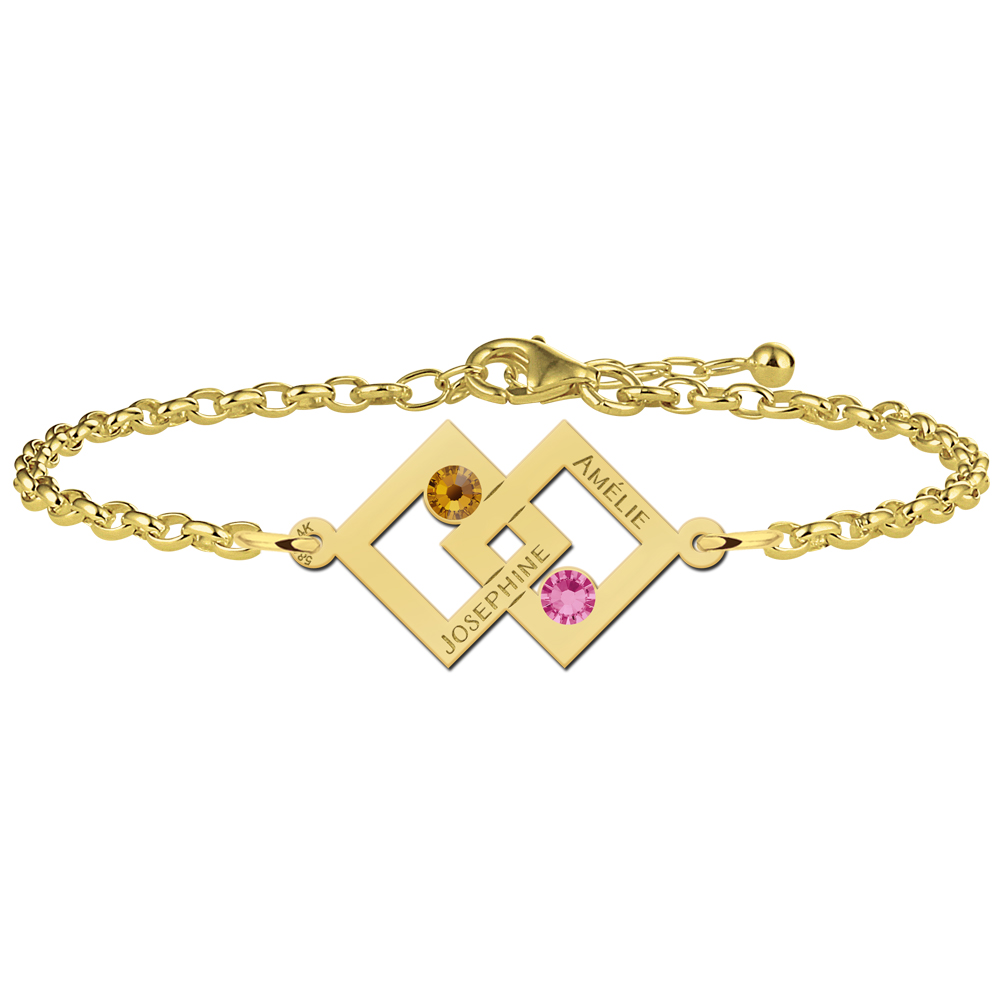 Moeder-dochter-armband goud twee rechthoeken en geboortestenen