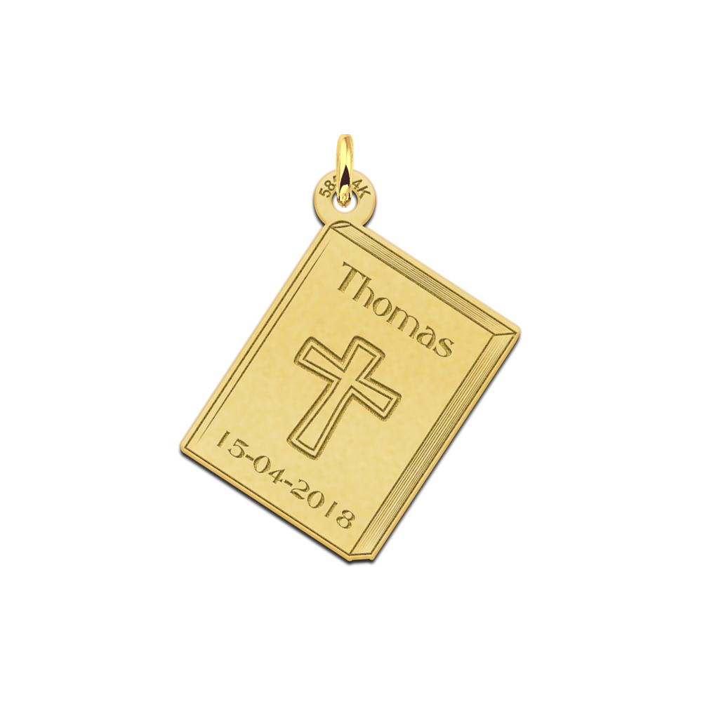 Gouden communiehanger met kruis en gravure