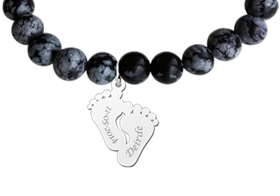Armband halfedelsteen Obsidian Snowflake met zilveren voetjes hanger