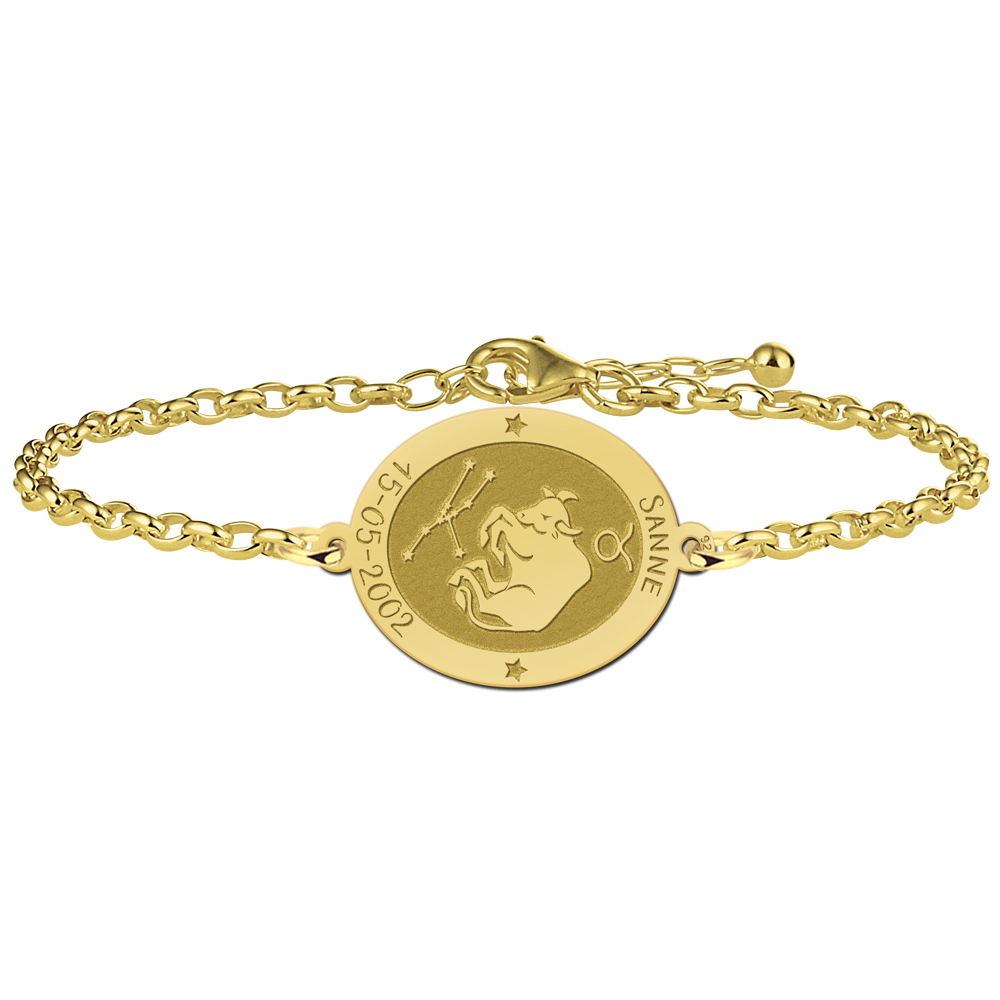 Vergulde ovale sterrenbeeld armband Stier met naam en datum