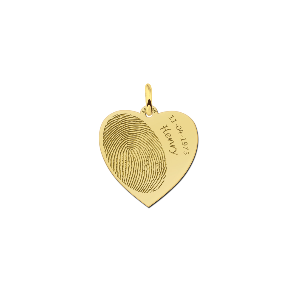Gouden hart sieraad met vingerafdruk en naam en datum