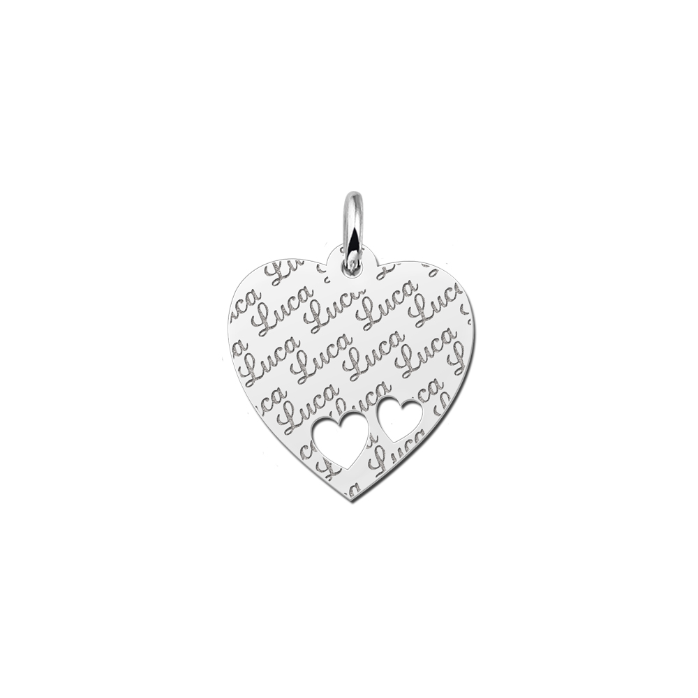 Zilveren plaatje  naamgravure hart met 2 hartjes