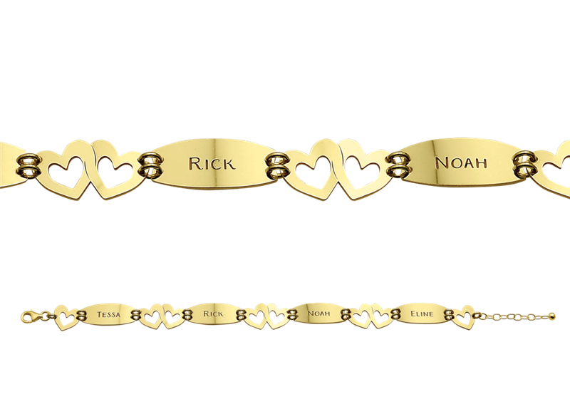Gouden armband hartjes met vier namen
