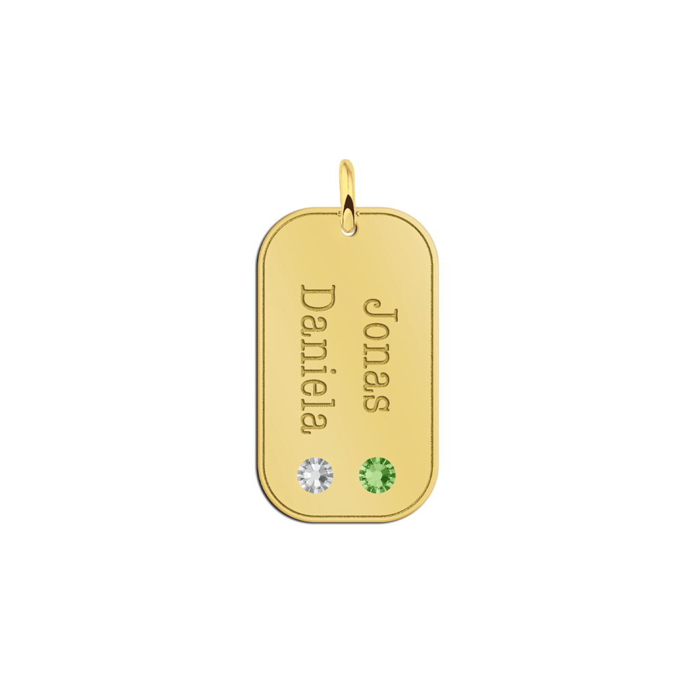 Gouden hanger met twee namen en geboortestenen van zirkonia