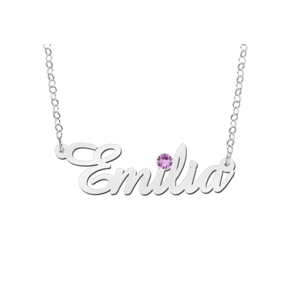 Zilveren naamketting met geboortesteen model Emilia