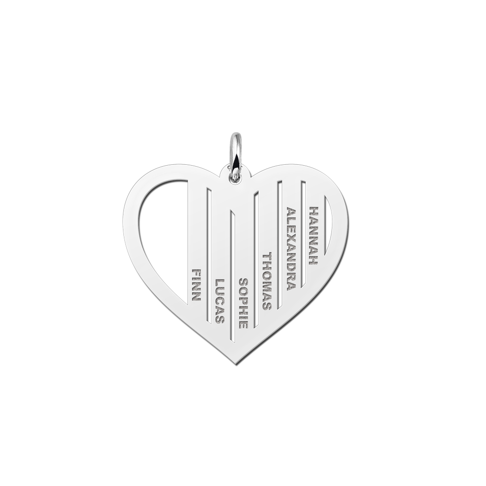 Zilveren familie hanger in hartvorm met namen