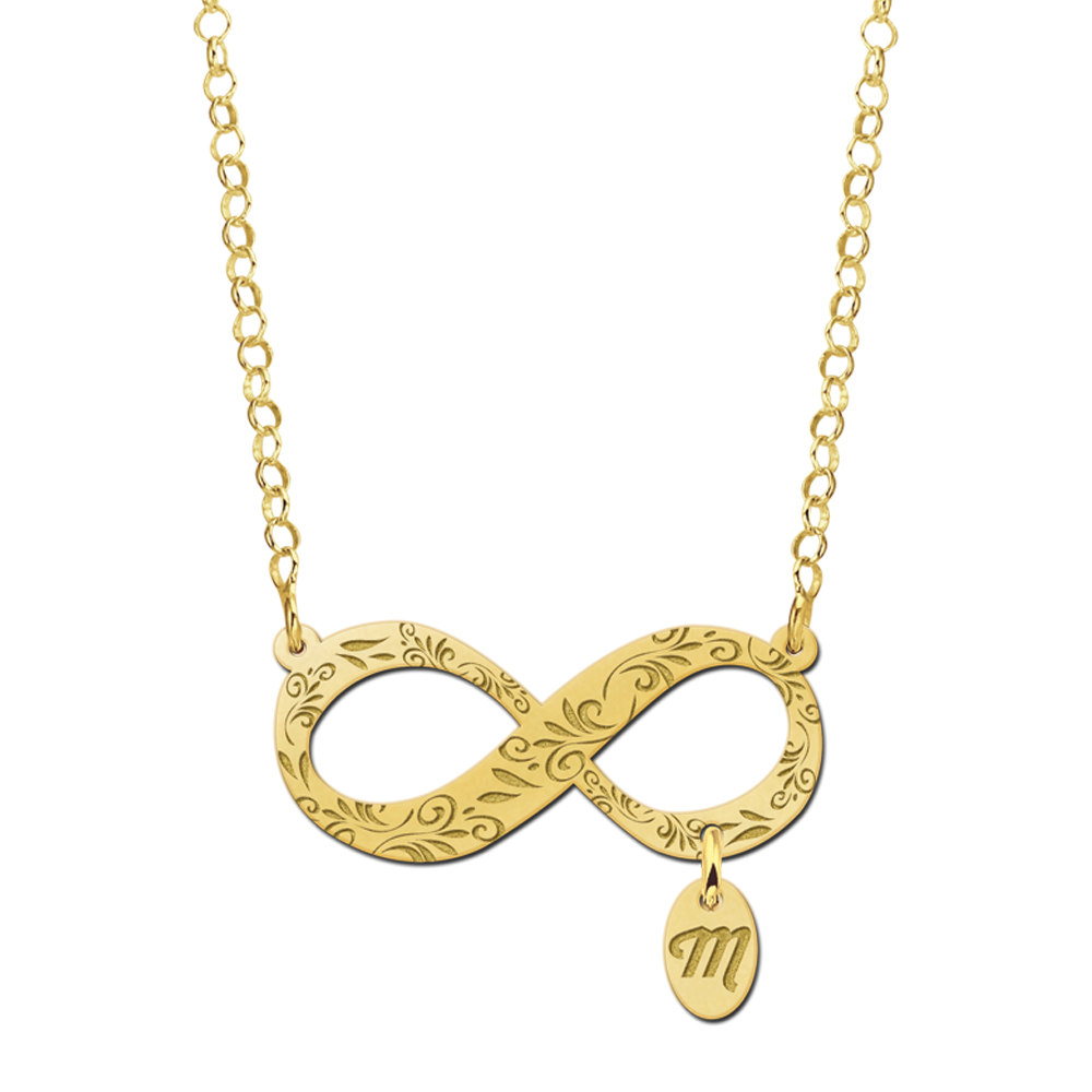 Gouden infinity ketting met sierlijke gravure en initiaalbedel