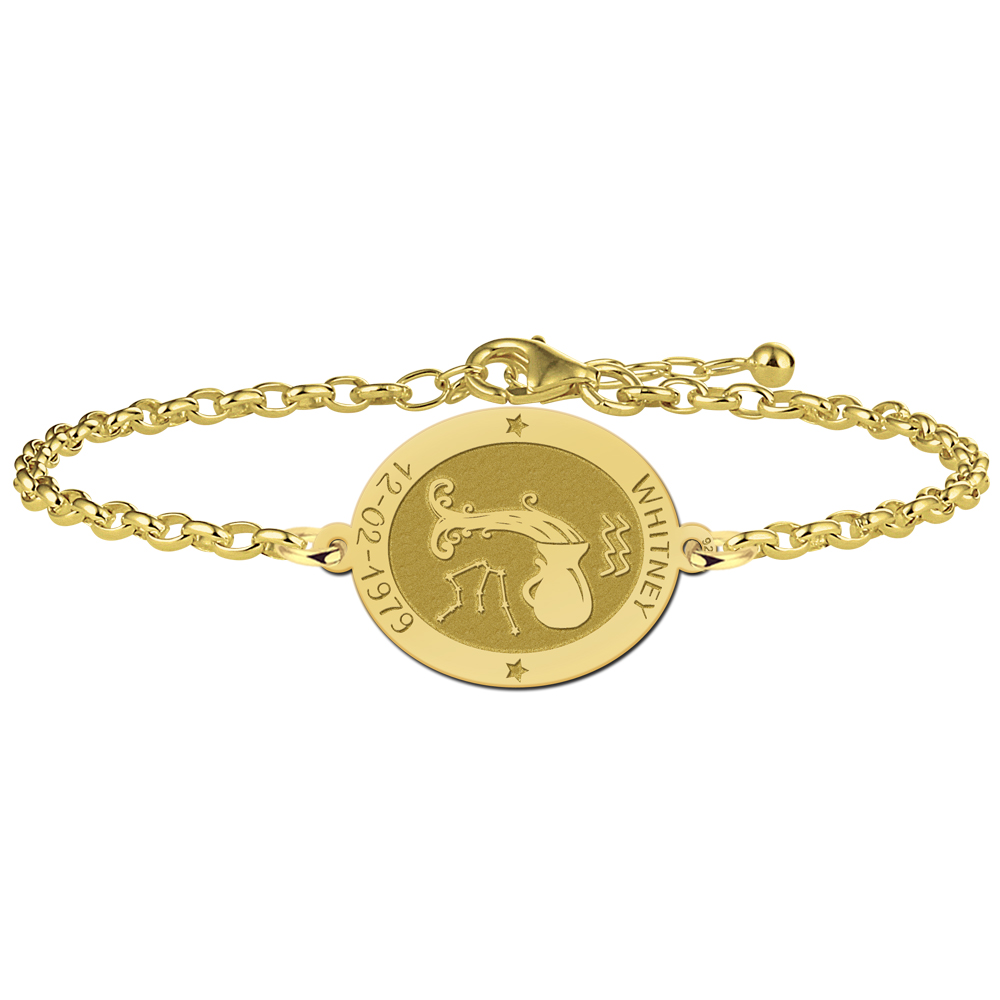 Vergulde ovale sterrenbeeld armband Waterman met naam en datum