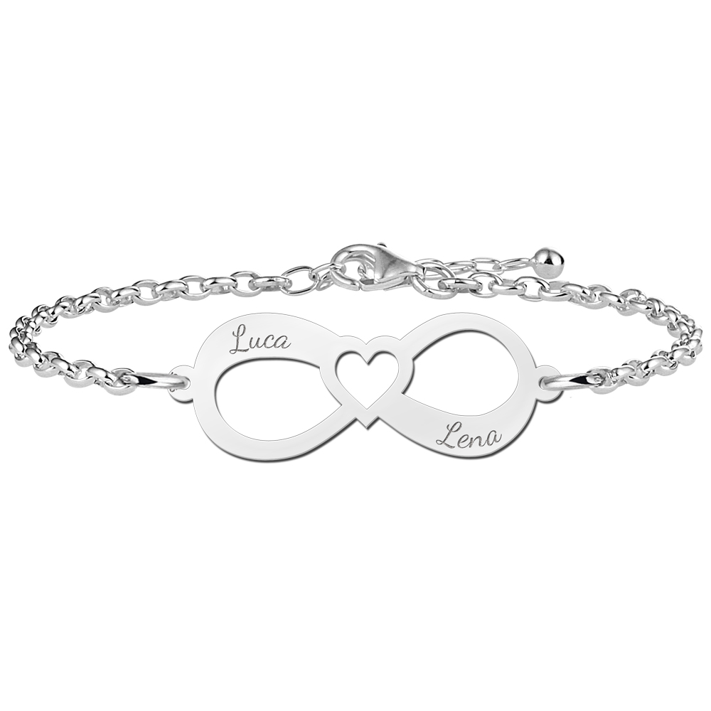 Zilveren infinity armband met twee namen en een hart