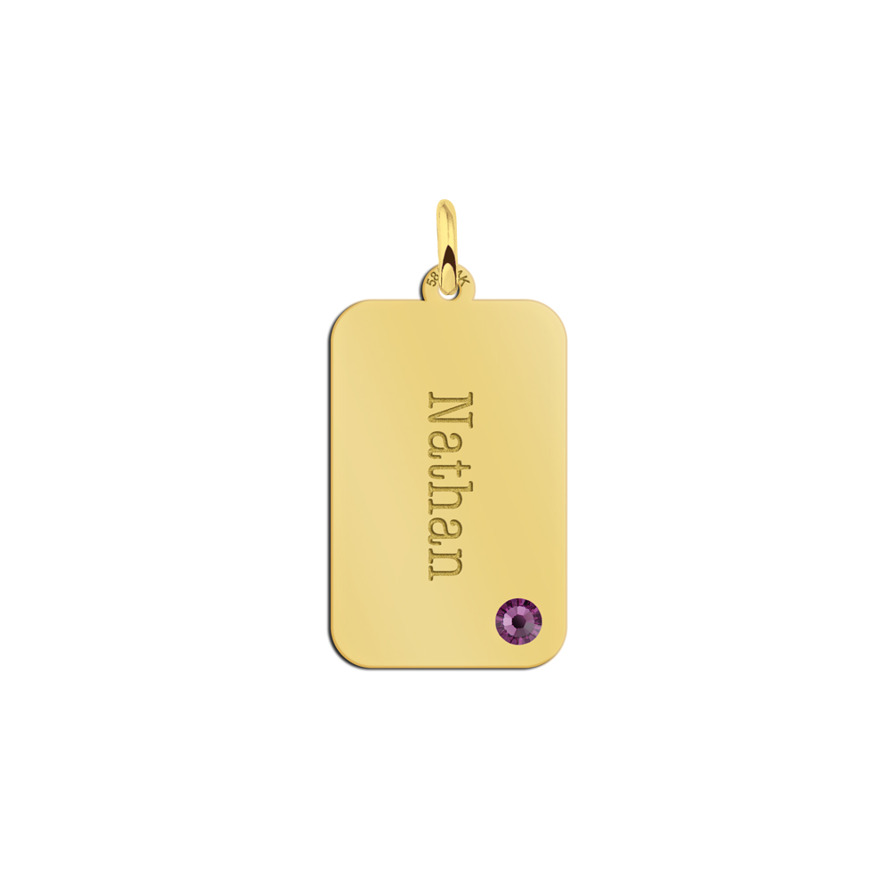 Gouden rechthoekige hanger met naamgravure en geboortesteen