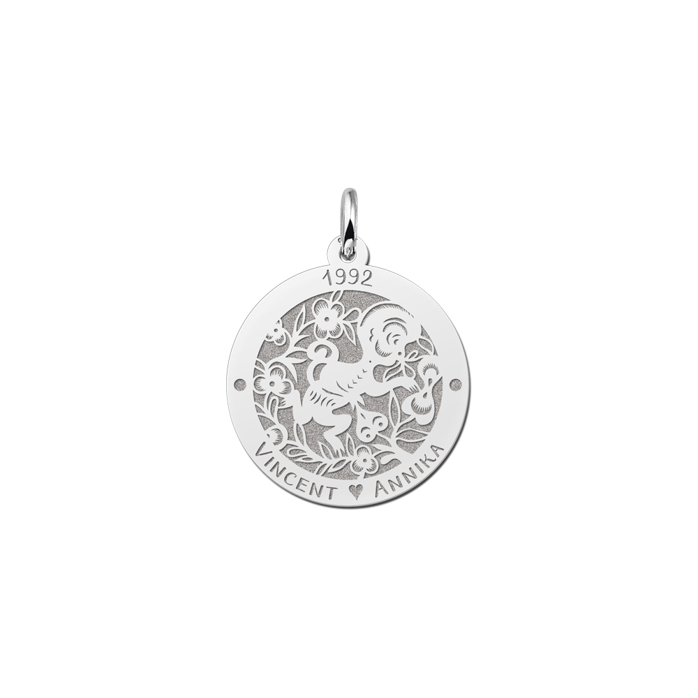 Zilveren Ronde Hanger Chinees Sterrenbeeld Aap met Gravure