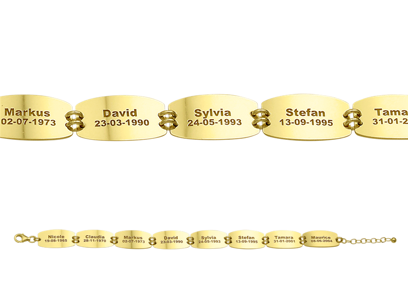 Gouden armband 8 plaatjes met naam en datum