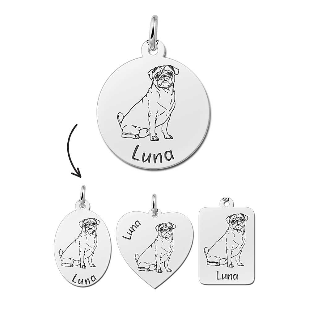 Zilveren portret honden hanger Mopshond