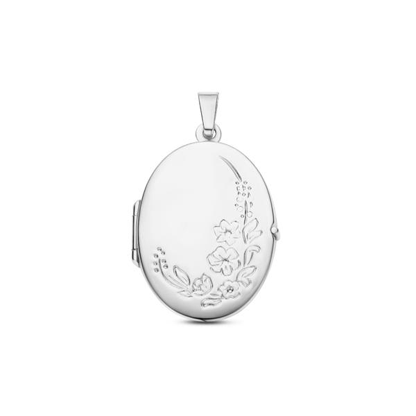 Zilveren Medaillon ovaaltje met bloemen en gravure